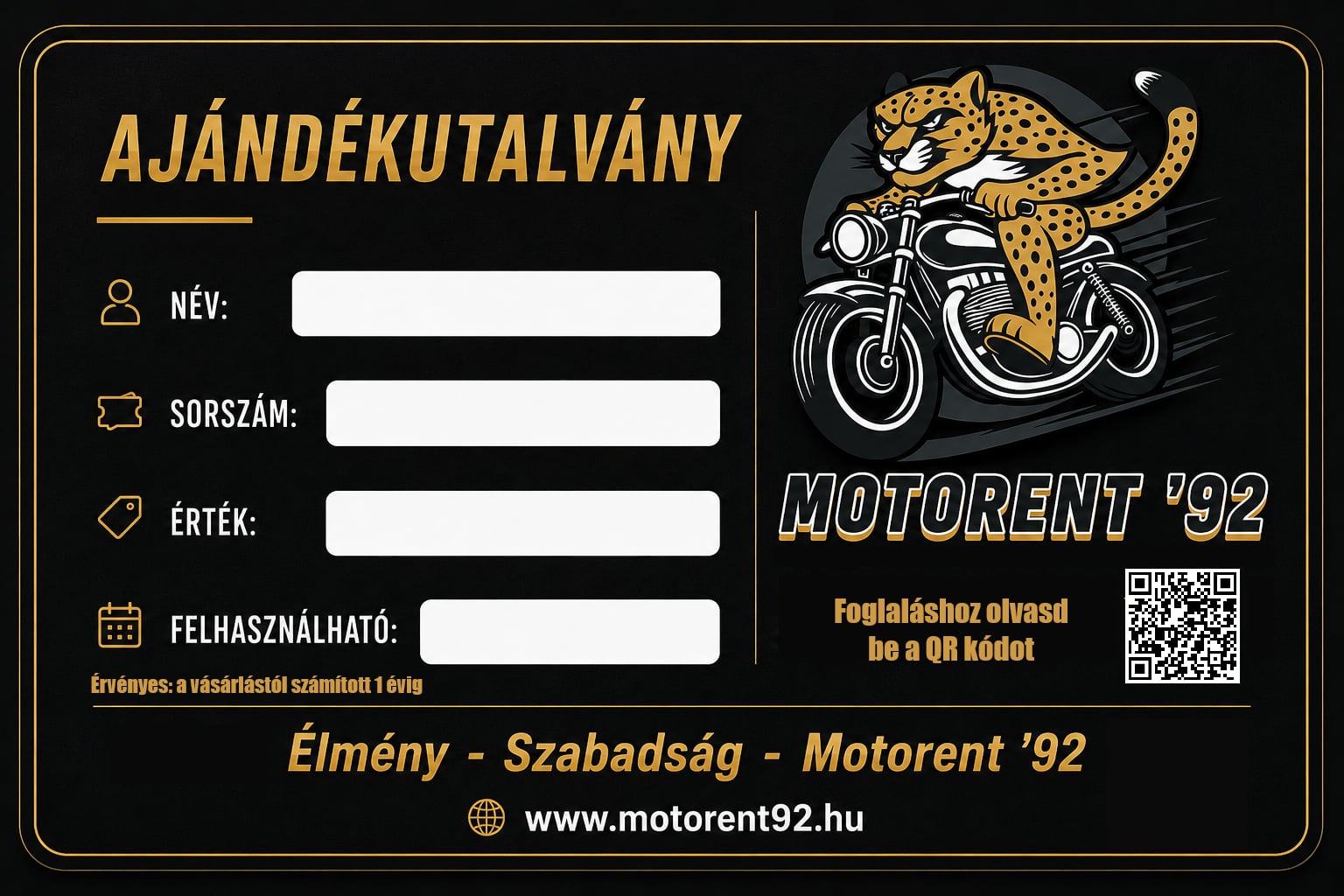 Motorent ’92 ajándékutalvány mintája
